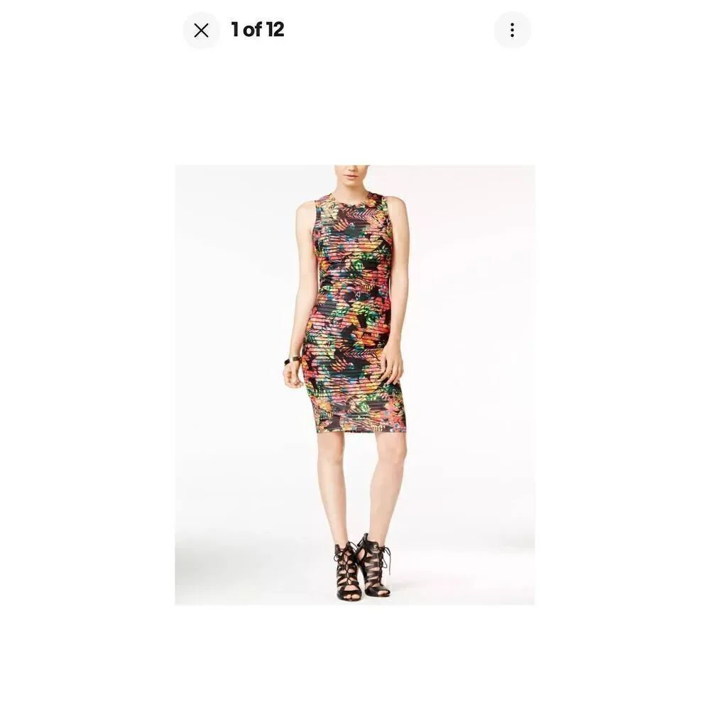 GUESS Bodycon Printed Sheath Mesh Midi Floral banded Dress Sleeveless sz. 4 Blac